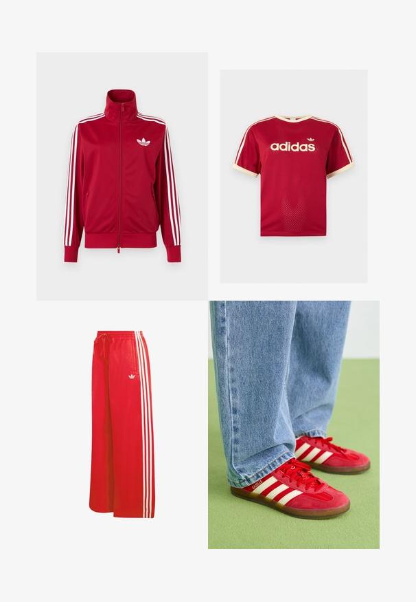 Punane jope valgete kolme triibuga varrukatel, täis ees lukk, kõrge krae ja valge Adidas trefoili logo rinnal.; Punane Adidas võrgust meeste särk beeži äärega krae, varrukate ja kolmekordsete triipude juures õlgadel, esiküljel Adidas logo ja tekstiga.; Punased spordipüksid, mis on valmistatud kergest materjalist, laiade sääreosadega, elastse vöökohaga, nööriga ja kolme valge triibuga kummalgi küljel.; Punane sametist spordijalatsid kolme valge triibuga, ümmargune varvas ja tekstuurne välistald, koos helesiniste teksadega rohelise tausta ees.