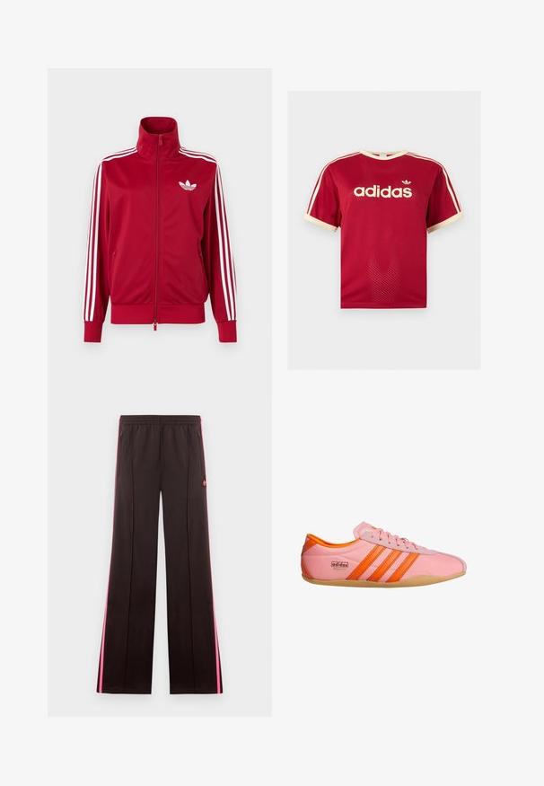 Červená tréningová bunda s bielymi tromi pruhmi na rukávoch, celoprepínací zips vpredu, vysoký golier a biele logo Adidas trefoil na hrudi.; Červené sieťované tričko Adidas s béžovým lemovaním na golieri, rukávoch a troch pruhmi na pleciach, s logom Adidas a textom na prednej strane.; Čierne športové nohavice s ružovými bočnými pruhmi, elastickým pásom, vreckami so zipsom a logom Adidas na ľavom stehne.; Ružová sneakerka s oranžovými akcentmi, s tromi pruhmi, textúrovaným materiálom, šnurovaním vpredu a gumovou podrážkou. Branding na boku.