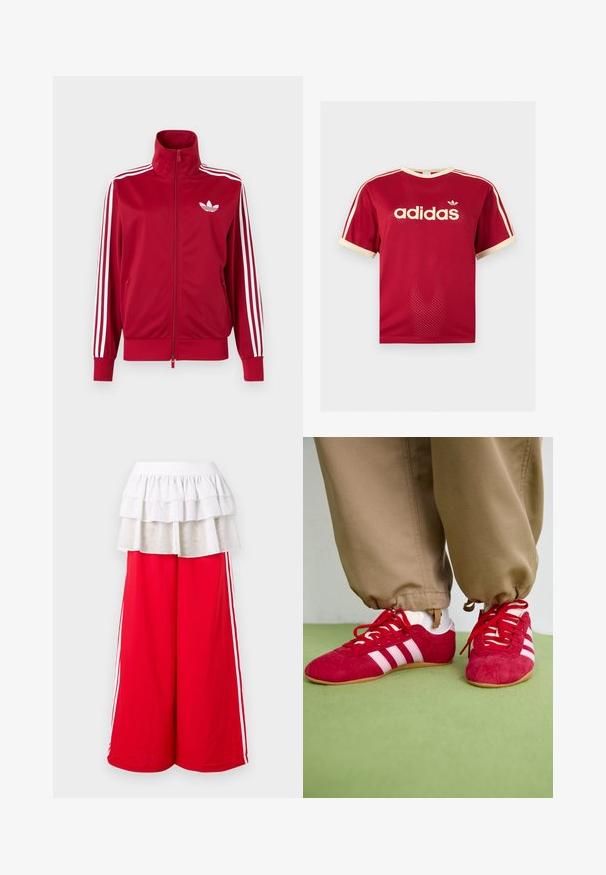 Chaqueta deportiva roja con detalles de tres franjas blancas en las mangas, cremallera completa en el frente, cuello alto y el logo de trébol de Adidas en blanco en el pecho.; Camiseta de malla roja Adidas con ribetes beige en el cuello, las mangas y las tres rayas en los hombros, con el logo de Adidas y texto en el frente.; Pantalones rojos de pierna ancha con franjas blancas laterales, rematados con una superposición blanca de volantes en capas. Cintura elástica para mayor comodidad. Textura de tela suave.; Zapatillas deportivas de ante rojo con rayas blancas, suela de goma plana y cordones rojos. Llevadas con pantalones beige, situadas sobre una superficie verde.