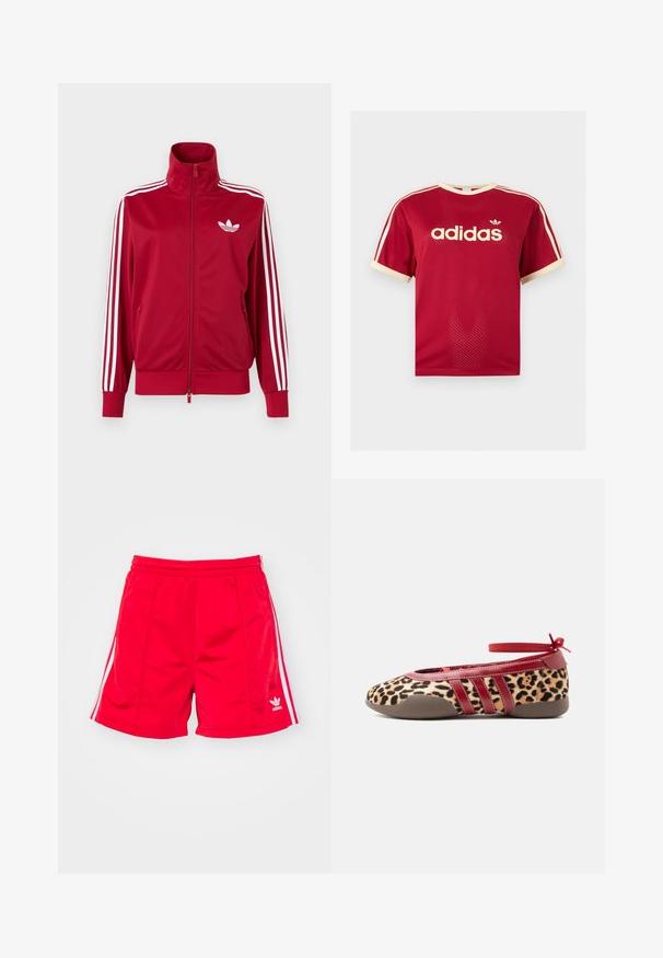 Rote Trainingsjacke mit weißen Drei-Streifen-Details an den Ärmeln, durchgehendem Frontreißverschluss, hohem Kragen und weißem Adidas-Trefoil-Logo auf der Brust.; Rotes Adidas Mesh-T-Shirt mit beigem Besatz am Kragen, an den Ärmeln und den drei Streifen auf den Schultern, mit Adidas-Logo und Schriftzug auf der Vorderseite.; Rote Sportshorts mit elastischem Bund, ausgestattet mit weißen Seitenstreifen und einem gestickten Logo auf der unteren linken Seite. Glatte Textur.; Flacher Schuh mit Leopardenmuster, roter Lederbesatz, Knöchelriemen und brauner Gummisohle, von der Außenseite gezeigt.
