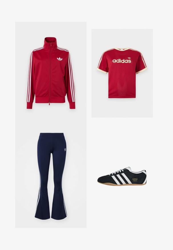 Punainen urheilutakki valkoisilla kolmen raidan yksityiskohdilla hihoissa, koko etuosan vetoketju, korkea kaulus ja valkoinen Adidas-trefoil-logo rinnassa.; Punainen Adidas verkkopaita, jossa on beigeä reunusta kauluksessa, hihoissa ja kolmessa raidassa olkapäillä, etupuolella Adidas-logo ja teksti.; Tummansinisiä liehuvia legginssejä, jotka on valmistettu joustavasta kankaasta. Niissä on valkoiset sivu raidat ja pieni logo edessä. Pintakuvio on sileä.; Mustat mokkakengät, joissa on valkoiset kolme raitaa, kultainen logo ja ruskea kumipohja. Varustettu matalaprofiilisella nauhakiinnityksellä.