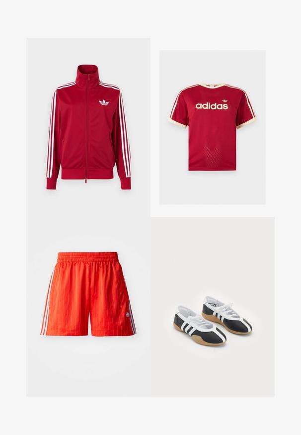 Červená tréningová bunda s bielymi tromi pruhmi na rukávoch, celoprepínací zips vpredu, vysoký golier a biele logo Adidas trefoil na hrudi.; Červené sieťované tričko Adidas s béžovým lemovaním na golieri, rukávoch a troch pruhmi na pleciach, s logom Adidas a textom na prednej strane.; Červené športové šortky s vertikálnymi bielymi pruhmi, elastickým pásom a svetlomodrými akcentmi po stranách. Obsahujú bočné vrecká.; Čierne a biele športové topánky s elegantným dizajnom, gumovou podrážkou, šnurovaním a tromi bielymi prúžkami na bokoch.
