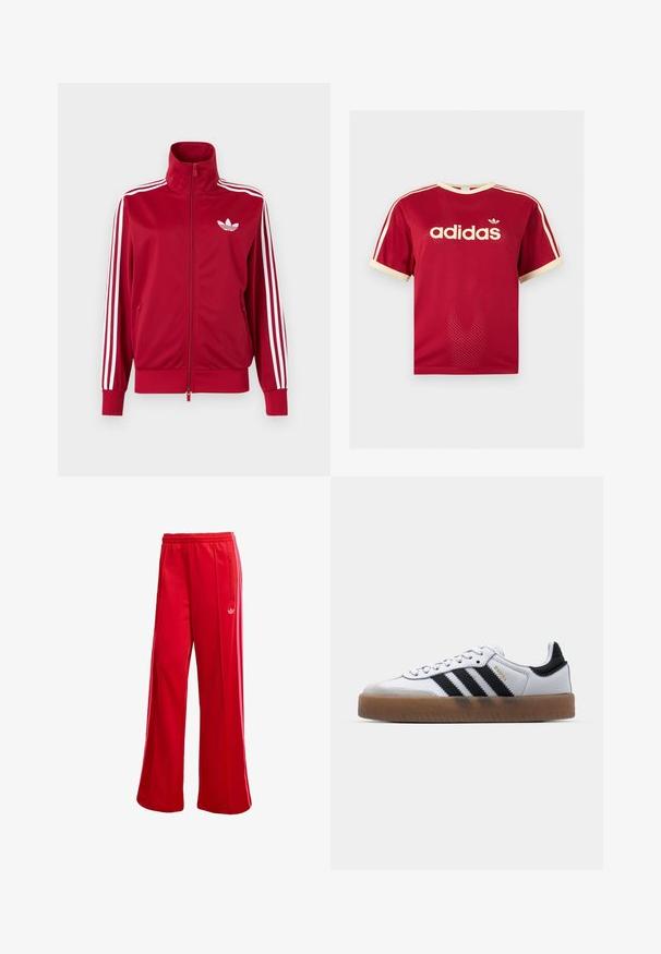 Rød træningstrøje med hvide tre-stribe detaljer på ærmerne, fuld lynlås foran, høj krave og hvidt Adidas trefoil-logo på brystet.; Rød Adidas mesh t-shirt med beige kant på krave, ærmer og de tre striber på skuldrene, med Adidas-logo og tekst på fronten.; Røde atletiske bukser med brede ben, elastisk talje og sidelomme med lynlås. Har et lille hvidt logo på venstre side. Glat tekstur.; Hvide lædersneakers med sorte striber, gummirubber sål, rund tå, snørelukning og blød grå ruskinds tåhætte.