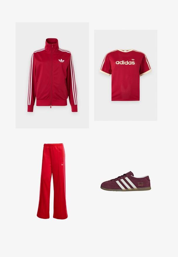 Punane jope valgete kolme triibuga varrukatel, täis ees lukk, kõrge krae ja valge Adidas trefoili logo rinnal.; Punane Adidas võrgust meeste särk beeži äärega krae, varrukate ja kolmekordsete triipude juures õlgadel, esiküljel Adidas logo ja tekstiga.; Punased spordipüksid laia jalaosaga, elastse vöökoha ja külgmise tõmblukuga taskuga. Vasakul küljel on väike valge logo. Siledat tekstuuri.; Tumesinine seemisnahast vabaajajalats valgete triibuliste detailide, ümarate ninaosade ja kummisest tallaga. Välimisel küljel on logomärgis.