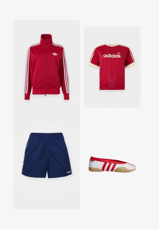 Červená tréningová bunda s bielymi tromi pruhmi na rukávoch, celoprepínací zips vpredu, vysoký golier a biele logo Adidas trefoil na hrudi.; Červené sieťované tričko Adidas s béžovým lemovaním na golieri, rukávoch a troch pruhmi na pleciach, s logom Adidas a textom na prednej strane.; Námornícke šortky s elastickým pásom, na stranách s farebnými kvetinovými pruhmi a malým bielym logom na spodnom leme.; Červená a biela plochá obuv s okrúhlou špičkou, vyrobená z hladkého syntetického materiálu. Má tri červené pruhy a svetlohnedú gumovú podrážku.