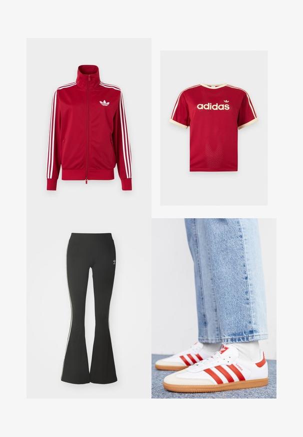 Červená tréningová bunda s bielymi tromi pruhmi na rukávoch, celoprepínací zips vpredu, vysoký golier a biele logo Adidas trefoil na hrudi.; Červené sieťované tričko Adidas s béžovým lemovaním na golieri, rukávoch a troch pruhmi na pleciach, s logom Adidas a textom na prednej strane.; Čierne rozšírené legíny z elastickej tkaniny, s vysokým pásom a bielymi bočnými pruhmi. Obsahujú malé logo na páse.; Biele kožené tenisky s červenými pruhmi a akcentmi. Majú štruktúrovanú gumovú podrážku a polstrovaný golier. Nosené s svetlomodrými džínsami.