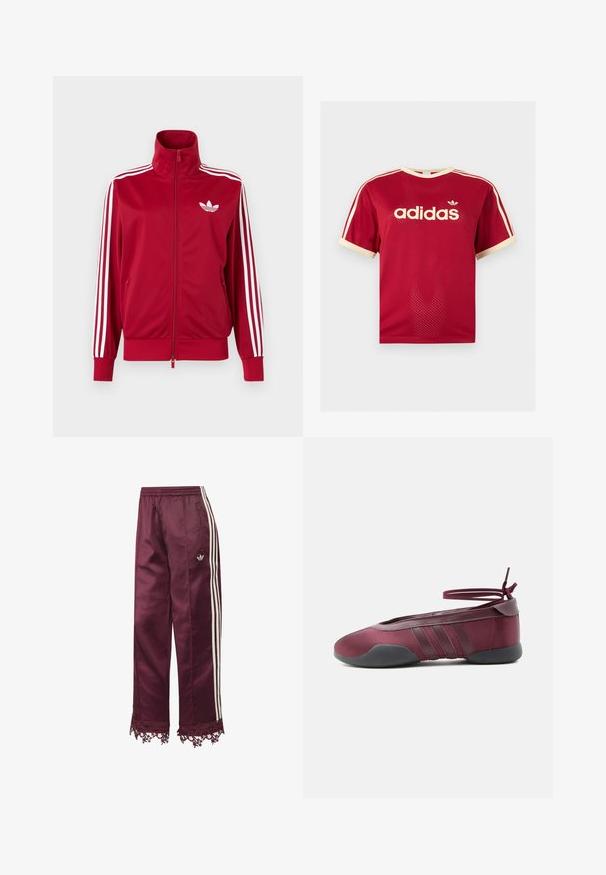 Rød treningsjakke med hvite tre-stripe detaljer på ermene, hel glidelås foran, høy krage og hvit Adidas trekløverlogo på brystet.; Rød Adidas mesh t-skjorte med beige kant på krage, ermer og triple striper på skuldre, med Adidas-logo og tekst foran.; Vinrøde sateng treningsbukser med hvite siderstriper, elastisk midje, glidelåslommer og blondedetaljer nederst.; Burgunderrød ballettflat med svart såle, elastiske ankelstropp knyttet i sløyfe, og sydd detaljer på sidene, vist fra yttersiden.