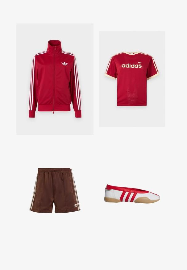 Rote Trainingsjacke mit weißen Drei-Streifen-Details an den Ärmeln, durchgehendem Frontreißverschluss, hohem Kragen und weißem Adidas-Trefoil-Logo auf der Brust.; Rotes Adidas Mesh-T-Shirt mit beigem Besatz am Kragen, an den Ärmeln und den drei Streifen auf den Schultern, mit Adidas-Logo und Schriftzug auf der Vorderseite.; Braune Sportshorts aus glattem Stoff mit lockerer Passform, die weiße seitliche Streifen und ein besticktes Logo am unteren linken Saum aufweisen.; Roter und weißer Ballerina mit abgerundetem Zehenbereich, aus glattem synthetischem Material gefertigt. Verfügt über drei rote Streifen und eine beige Gummisohle.