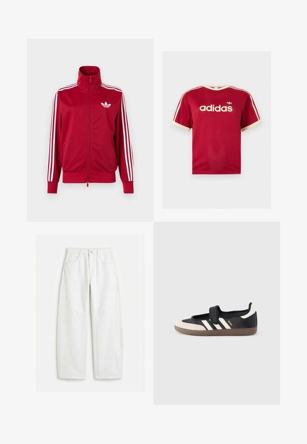 Veste de survêtement rouge avec trois bandes blanches sur les manches, fermeture éclair intégrale à l'avant, col montant et logo trefoil Adidas blanc sur la poitrine.; T-shirt en mesh rouge Adidas avec un liseré beige sur le col, les manches et les trois bandes aux épaules, avec logo et texte Adidas sur le devant.; Jean blanc à jambes droites avec poches avant, passants pour ceinture, fermeture par bouton et détails de coutures visibles.; Baskets noires et beiges avec une bride en velcro, trois bandes blanches sur le côté, et une semelle en caoutchouc marron texturée. Logo de la marque visible.