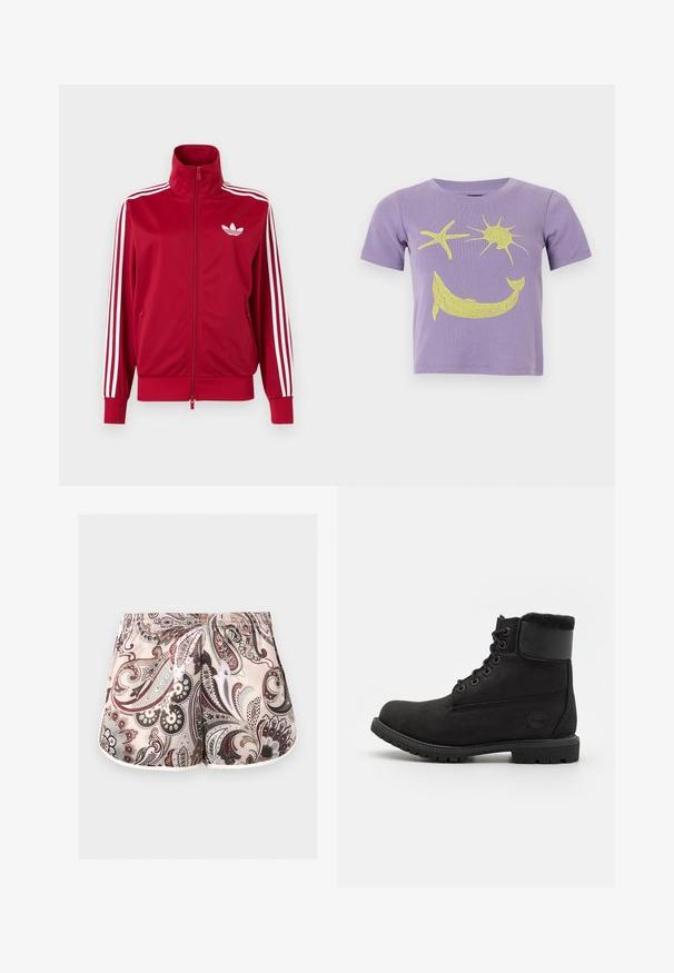 Rode trainingsjas met witte drie-streep details op de mouwen, volledige rits aan de voorkant, hoge kraag en wit Adidas trefoil-logo op de borst.; Lavendel kort mouw shirt met gele afbeelding van een zeester, zon en een glimlachende dolfijn over de borst.; Korte damesshorts met elastische tailleband, met ingewikkelde paisley-patronen in tinten beige, bruin, grijs en wit.; Zwarte leren enkelaars met een ronde neus, vetersluiting aan de voorkant, neppelzen kraag en rubberen zool. Beschikt over een merklogo aan de zijkant.