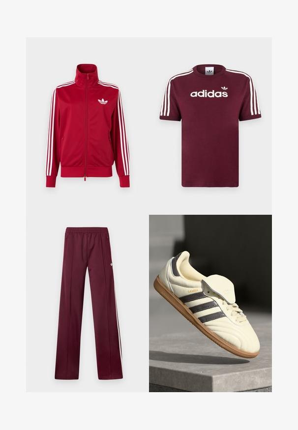 Rode trainingsjas met witte drie-streep details op de mouwen, volledige rits aan de voorkant, hoge kraag en wit Adidas trefoil-logo op de borst.; Bordeauxrode katoenen T-shirt met wit gestreepte mouwen, met het "adidas" logo in het wit over de borst en een klein logo erboven.; Wijnrode trainingsbroek met elastische tailleband, zijzakken met rits, witte zijstrepen en een klein wit Adidas-logo op de rechterdij.; Crème leren sneaker met drie donkere strepen, een bruine gumrubberen zool en een ronde neus. Voorzien van een opvouwbare tong met het label "SAMBA."