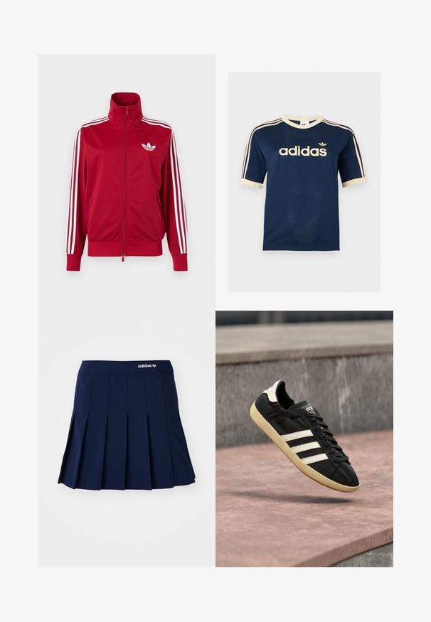 Rote Trainingsjacke mit weißen Drei-Streifen-Details an den Ärmeln, durchgehendem Frontreißverschluss, hohem Kragen und weißem Adidas-Trefoil-Logo auf der Brust.; Marineblaues Adidas Mesh-Kurzarmshirt mit cremefarbenem Besatz, drei cremefarbenen Streifen an den Ärmeln und Adidas-Logo auf der Brust.; Marineblauer Faltenrock aus leichtem Stoff; verfügt über einen elastischen Bund und eine kleine Reißverschlusstasche, mit einem weißen Adidas-Logo auf der Vorderseite.; Schwarzer Adidas-Sneaker mit weißen Streifen und beiger Sohle, in der Luft über einer steinernen Oberfläche und mit Steinwand im Hintergrund aufgenommen.