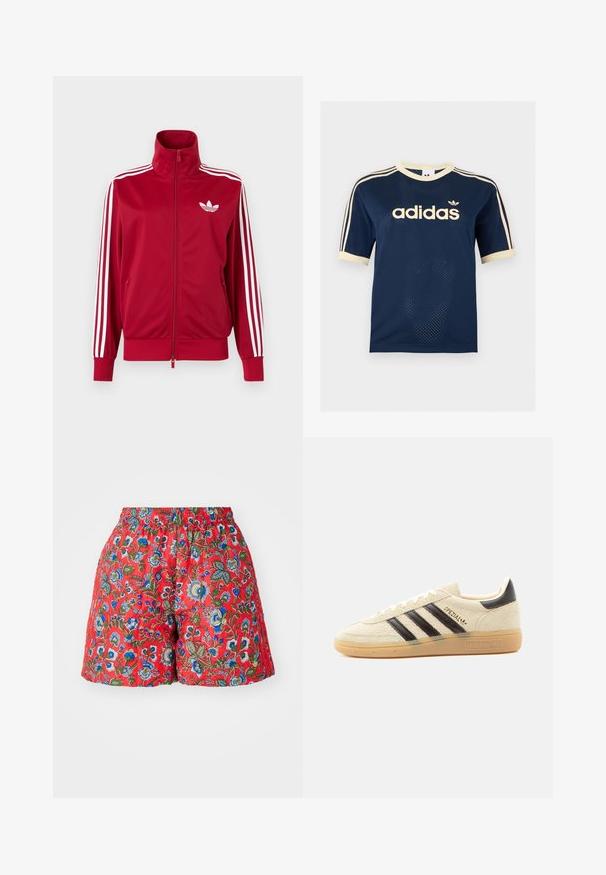 Punane jope valgete kolme triibuga varrukatel, täis ees lukk, kõrge krae ja valge Adidas trefoili logo rinnal.; Tumesinine Adidas võrgust lühikeste varrukatega särk kreemika äärisega, kolm kreemikat triipu varrukatel ja Adidas logo rinnal.; Punased lillelised lühikesed püksid elastse vöökoha ja siniste ning roheliste lillemustertega. Sile tekstuur ning mugav lõige.; Kreemjas seemisnahast toss mustade triipude, kummist tallaga, musta kannatabiga ja kuldse sõnaga „SPEZIAL“ küljel.
