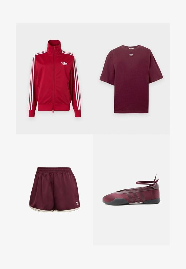 Chaqueta deportiva roja con detalles de tres franjas blancas en las mangas, cremallera completa en el frente, cuello alto y el logo de trébol de Adidas en blanco en el pecho.; Camiseta de algodón color burdeos con cuello redondo y mangas cortas, con un logo blanco de Adidas centrado en el pecho. Textura suave.; adidas Originals SPRINTER - Shorts - maroon cream white; Bailarina burdeos con suela negra, tiras elásticas en el tobillo atadas en moño y detalles cosidos en los laterales, vista desde el lado exterior.