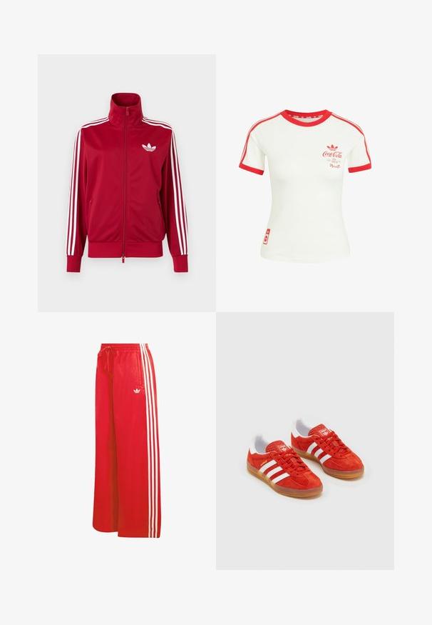 Rote Trainingsjacke mit weißen Drei-Streifen-Details an den Ärmeln, durchgehendem Frontreißverschluss, hohem Kragen und weißem Adidas-Trefoil-Logo auf der Brust.; Weißes T-Shirt mit kurzen Ärmeln, rotem Kragen, Ärmelsaum, Streifen und Coca-Cola-Logo auf der Brust und unteren Seite.; Rote Sporthose aus leichtem Material, mit weitem Bein, elastischem Bund, Kordelzug und drei weißen Streifen auf jeder Seite.; Rote Wildleder-Sneaker mit weißen Streifen, Gummi-Sohle, gepolstertem Kragen und Logo auf der Zunge. Klassisches Design mit strukturiertem Obermaterial.
