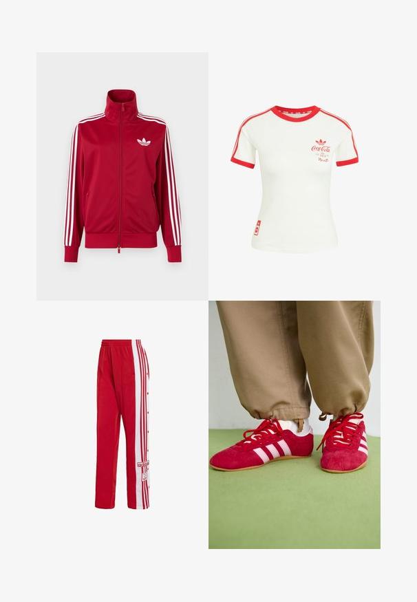 Punainen urheilutakki valkoisilla kolmen raidan yksityiskohdilla hihoissa, koko etuosan vetoketju, korkea kaulus ja valkoinen Adidas-trefoil-logo rinnassa.; Valkoinen lyhythihainen t-paita, jossa punainen kaulus, hihansuun reunus, raidat ja Coca-Cola-logo rinnassa ja alareunassa.; Punaiset urheiluhousut, jotka on valmistettu sileästä kankaasta, ja joissa on valkoiset sivuviivat napilla sekä brodeerattu logo edessä.; Punainen mokkanahkainen urheilukenkä, jossa on valkoiset raidat, tasainen kumipohja ja punaiset kengännauhat. Yhdistetty beigeihin housuihin, sijoitettuna vihreälle pinnalle.