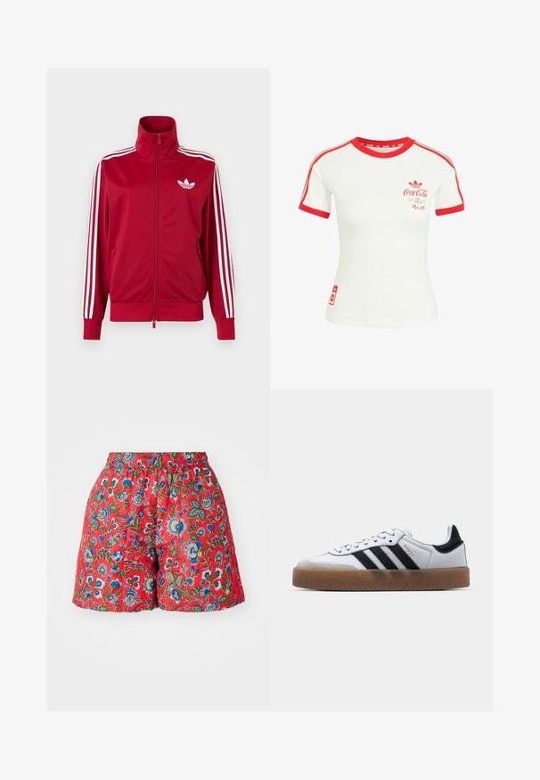 Rød træningstrøje med hvide tre-stribe detaljer på ærmerne, fuld lynlås foran, høj krave og hvidt Adidas trefoil-logo på brystet.; Hvid T-shirt med korte ærmer med rød krave, ærmekant, striber og Coca-Cola-logo på brystet og nederste side.; Røde blomstrede shorts med elastisk talje. Har blå og grønne blomstermønstre, glat tekstur og en afslappet pasform.; Hvide lædersneakers med sorte striber, gummirubber sål, rund tå, snørelukning og blød grå ruskinds tåhætte.