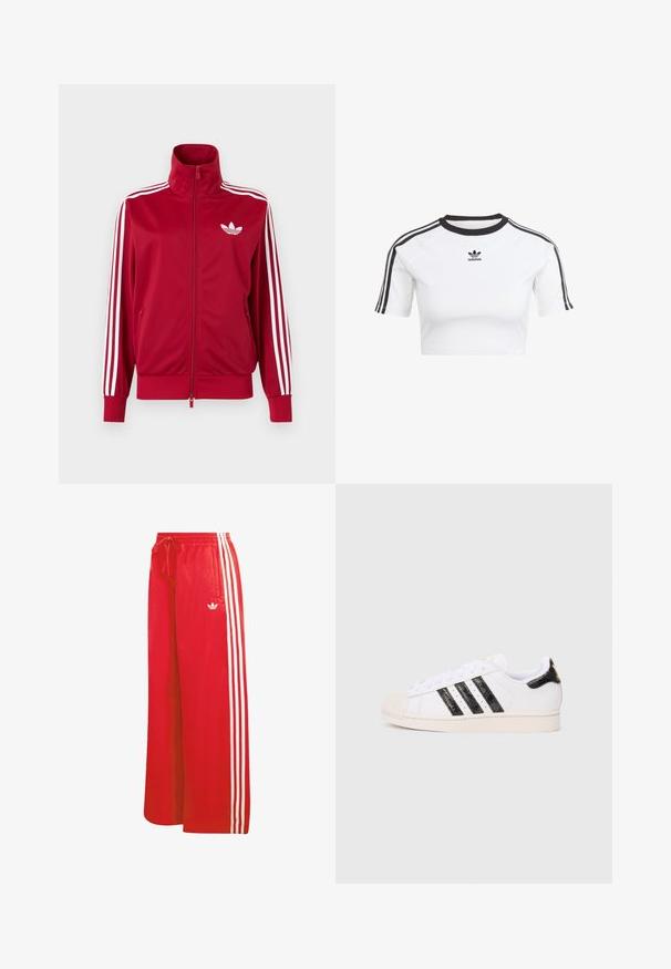 Rød træningstrøje med hvide tre-stribe detaljer på ærmerne, fuld lynlås foran, høj krave og hvidt Adidas trefoil-logo på brystet.; Hvid cropped t-shirt lavet af bomuld, med sorte aksentstriber på ærmerne, rund halsudskæring og lille broderet logo på brystet.; Røde træningsbukser lavet af let materiale, med bred benudformning, elastisk talje, snøre og tre hvide striber på hver side.; Hvid sneakers med sorte teksturerede striber og accenter; har en gummitå, flade snørebånd og polstring rundt om anklen.