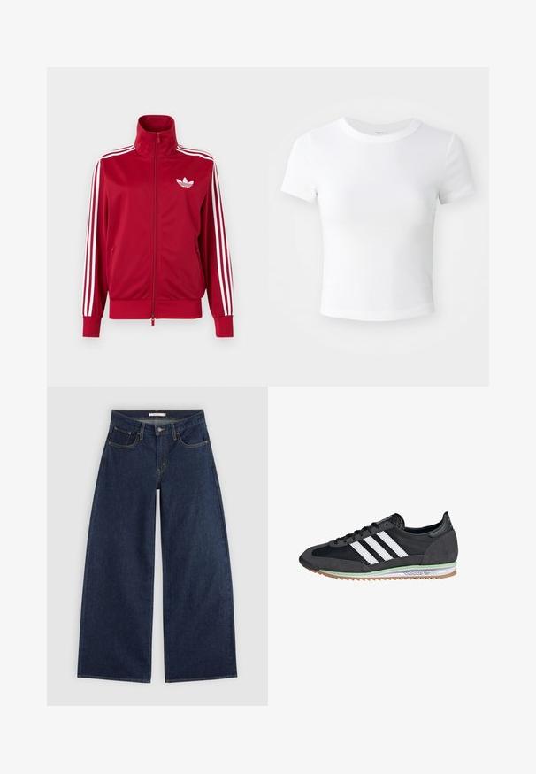 Červená tréningová bunda s bielymi tromi pruhmi na rukávoch, celoprepínací zips vpredu, vysoký golier a biele logo Adidas trefoil na hrudi.; Jednoduché biele tričko s krátkym rukávom a okrúhlym výstrihom, vystavené na neutrálnom svetlom pozadí.; Tmavomodré džínsové nohavice širokého strihu s prednými vreckami, slučkami na opasok a zapínaním na gombíky, zobrazené na svetlom pozadí.; Čierne a šedé tenisky s vrchom z semišu a sieťoviny, so všetkými tromi bielymi pruhmi, gumovou podrážkou a zeleným akcentom na medzipodrážke.