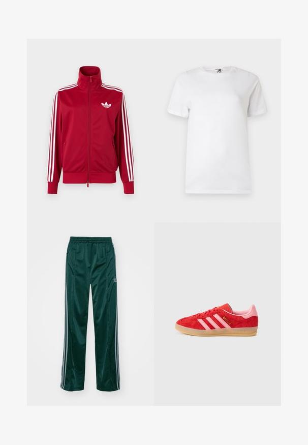 Rød træningstrøje med hvide tre-stribe detaljer på ærmerne, fuld lynlås foran, høj krave og hvidt Adidas trefoil-logo på brystet.; Enkelt hvid kortærmet t-shirt i bomuld med rund hals, med et lille diskret logo nær brystet og en mærkat ved kraven.; Mørkegrønne træningsbukser lavet af skinnende materiale, med sidelister i lys grå og et broderet logo på venstre ben.; Rød ruskindssneaker med pink detaljer og tre hvide striber; gummisål; broderet tekst på siden og hælen. Klassisk atletisk design.