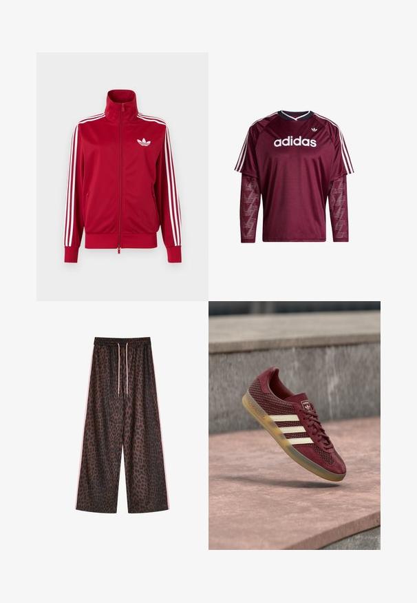 Veste de survêtement rouge avec trois bandes blanches sur les manches, fermeture éclair intégrale à l'avant, col montant et logo trefoil Adidas blanc sur la poitrine.; Chemise à manches longues Adidas couleur marron avec manches en mesh, logo blanc et rayures sur les épaules, col noir et blanc, vue de face.; Pantalon marron à jambes larges avec imprimé léopard noir, taille élastique, bandes latérales roses et cordons roses à la taille.; Baskets bordeaux en mesh et daim. Comprend trois bandes blanches, un bout rond et une semelle gomme. L'arrière présente un détail de logo.