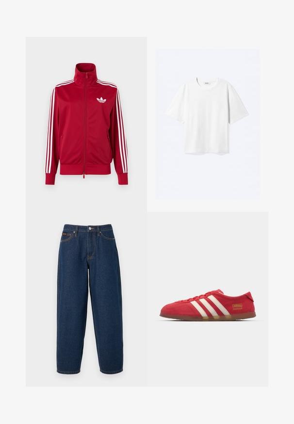 Punane jope valgete kolme triibuga varrukatel, täis ees lukk, kõrge krae ja valge Adidas trefoili logo rinnal.; Valge lühikeste varrukatega T-särk ümmarguse kaelusega ja sirge äärega, kaeluses sees kaubamärgiga "WEEKDAY" silt.; Tumesinised sirge säärega teksapüksid, millel on viis taskut, nööpkinnitus ja oranž õmblus ühtsel taustal.; Punane siidise nahast toss, millel on valge kolme riba disain, lame tall ja kuldne logo detail. Madala lõikega disain, ümar varvas ja paeltega sulgemine.
