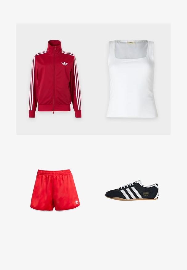 Rød træningstrøje med hvide tre-stribe detaljer på ærmerne, fuld lynlås foran, høj krave og hvidt Adidas trefoil-logo på brystet.; Hvid top med firkantet halsudskæring lavet af glat stof. Har brede stropper og en tætsiddende silhuet. Ingen synlige mønstre eller dekorationer.; Røde sportsbukser med elastisk talje, hvid kant ved sømmen og en subtil glans. Har Adidas-logoet i hvid på den nederste venstre side.; Sort ruskinds sneaker med hvide tre striber, guldlogo og en brun gummisål. Har et lavprofil snørebåndsdesign.