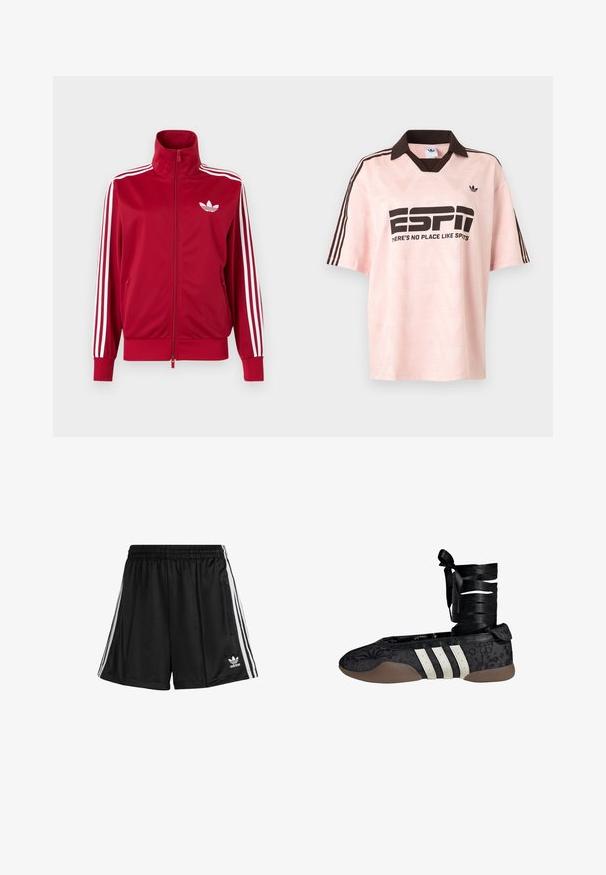Rode trainingsjas met witte drie-streep details op de mouwen, volledige rits aan de voorkant, hoge kraag en wit Adidas trefoil-logo op de borst.; Lichtroze Adidas sportshirt met donkerbruine kraag en strepen, met de tekst "ESP1" en "THERE'S NO PLACE LIKE SPORTS" op de voorkant.; Zwarte sportshorts met een elastische tailleband, voorzien van witte zijstrepen en een ritszak aan de rechterkant. Adidas-logo aan de onderkant links.; Zwarte ballerinaschoen met bloemenpatroon, wit drie-strepenontwerp en een stoffen enkelband. Gestructureerd materiaal en een flexibele bruine zool.
