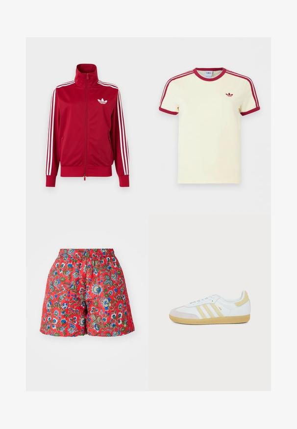 Červená tréningová bunda s bielymi tromi pruhmi na rukávoch, celoprepínací zips vpredu, vysoký golier a biele logo Adidas trefoil na hrudi.; Krémové krátke tričko Adidas s červeným rebrovaným golierom, koncami rukávov, tromi červenými pruhmi na ramenách a červeným logom Adidas trefoil na hrudi.; Červené kvetinové šortky s elastickým pásom. Obsahujú modré a zelené vzory kvetov, hladký povrch a voľný strih.; Biely teniska Adidas Samba s béžovými semišovými detailmi, tromi textúrovanými pruhmi a gumovou podrážkou zobrazená zboku na bielom pozadí.