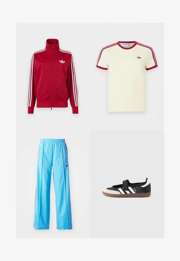 Rød træningstrøje med hvide tre-stribe detaljer på ærmerne, fuld lynlås foran, høj krave og hvidt Adidas trefoil-logo på brystet.; Kremfarvet Adidas T-shirt med korte ærmer, rød ribkant ved hals, ærmekanter, tre røde striber på skuldrene og rødt Adidas trefoil-logo på brystet.; Lysblå træningsbukser med elastisk talje, sidelommer med lynlås og sorte sideaccenter. Blødt stof med en løs design i bred ben.; Sort og beige sko med velcrolukning, tre hvide striber på siden og en tekstureret brun gummisål. Mærkelogo er synligt.
