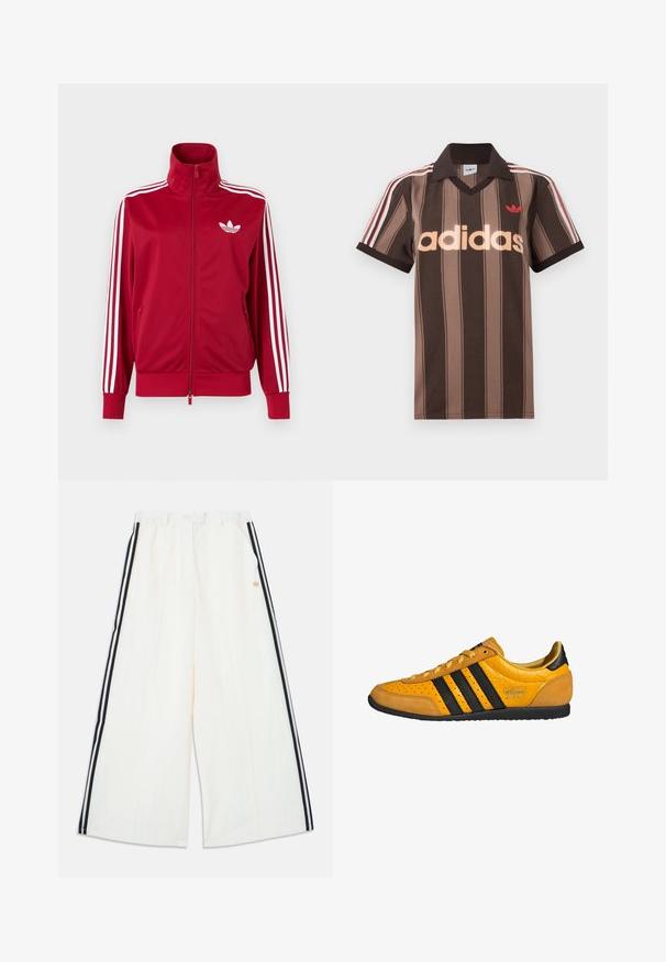 Punane jope valgete kolme triibuga varrukatel, täis ees lukk, kõrge krae ja valge Adidas trefoili logo rinnal.; Pruunide triipudega Adidas polotee, V-kaelusega, bordeau krae ja punase logoga. Omad valge ja punase triibuga õlad ning lühikesed varrukad.; Valged laiade pükstega, mille külgedel on must-valged triibud ja elastne vöökoht, paremal küljel on väike kuldne logo.; Kollased nahast tossud mustade triipudega, paeltega, augulise varbaga ja tekstuurse kandepaneeliga, millel kiri "adidas Japan". Kummist välistald.