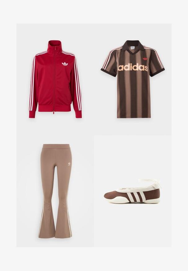 Punane jope valgete kolme triibuga varrukatel, täis ees lukk, kõrge krae ja valge Adidas trefoili logo rinnal.; Pruunide triipudega Adidas polotee, V-kaelusega, bordeau krae ja punase logoga. Omad valge ja punase triibuga õlad ning lühikesed varrukad.; Pruunid lükkavad teksad, mis on valmistatud venivast kangast, valgete külgriipidega ja väikese valge logoga vasakul reiel. Sile tekstuur.; Pruun ja valge baleriinjalanõu, millel on kolm valget triipu ja pahkluu paelaga lips, helel taustal.