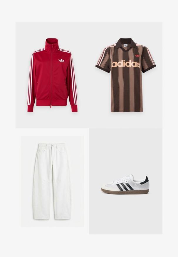 Veste de survêtement rouge avec trois bandes blanches sur les manches, fermeture éclair intégrale à l'avant, col montant et logo trefoil Adidas blanc sur la poitrine.; Polo Adidas rayé marron avec col en V, col bordeaux, et logo rouge. Comprend des rayures blanches et rouges sur les épaules, manches courtes.; Jean blanc à jambes droites avec poches avant, passants pour ceinture, fermeture par bouton et détails de coutures visibles.; Baskets en mesh blanc avec des rayures noires, un embout en daim beige et un accent sur le talon, semelle en caoutchouc texturée, et lacets blancs. Design classique à tige basse.