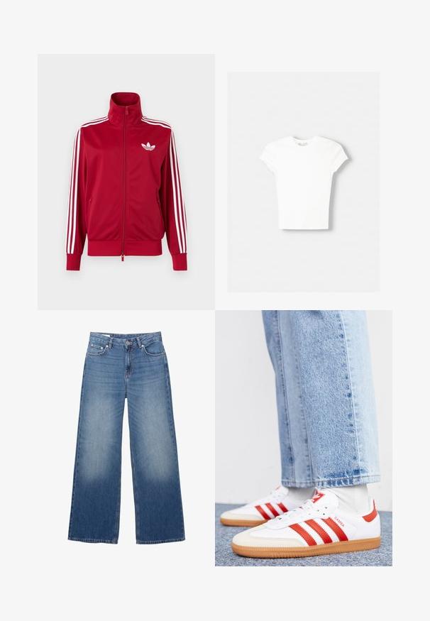 Rode trainingsjas met witte drie-streep details op de mouwen, volledige rits aan de voorkant, hoge kraag en wit Adidas trefoil-logo op de borst.; Witte t-shirt met korte mouwen van zachte katoen, met een ronde halslijn en een getailleerde vorm. Geen zichtbare patronen of versieringen.; Blauwe denim wijde broek met voorste knoop en ritssluiting, voorzien van voor- en achterzakken en lichte slijtage op de dijen.; Witte leren sneakers met rode strepen en accenten. Voorzien van een getextureerde gumrubberen outsole en een gevoerde kraag. Draag ze met lichtblauwe denim.