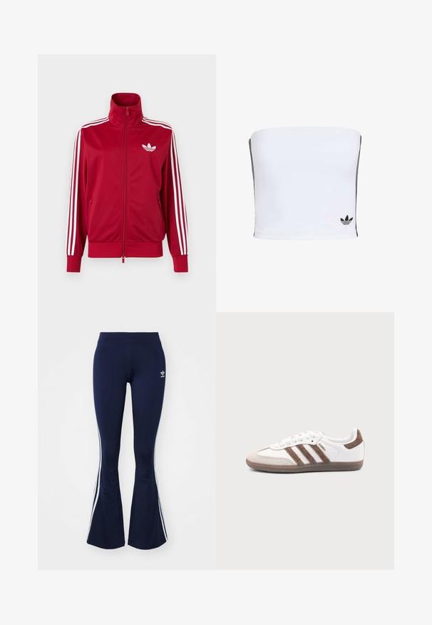 Červená tréningová bunda s bielymi tromi pruhmi na rukávoch, celoprepínací zips vpredu, vysoký golier a biele logo Adidas trefoil na hrudi.; Biely bandeau top vyrobený z elastického materiálu. Obsahuje čierne bočné pruhy a malé čierne logo na okraji. Hladká textúra.; Námornícke modré rozšírené legíny vyrobené z elastického materiálu, s bielymi bočnými pruhmi a malým logom vpredu. Hladká textúra po celom povrchu.; Biele tenisky Adidas Samba s hnedými semišovými pruhmi, hnedou gumovou podrážkou a béžovým semišovým špicom, zobrazené z vonkajšej strany na jednofarebnom pozadí.