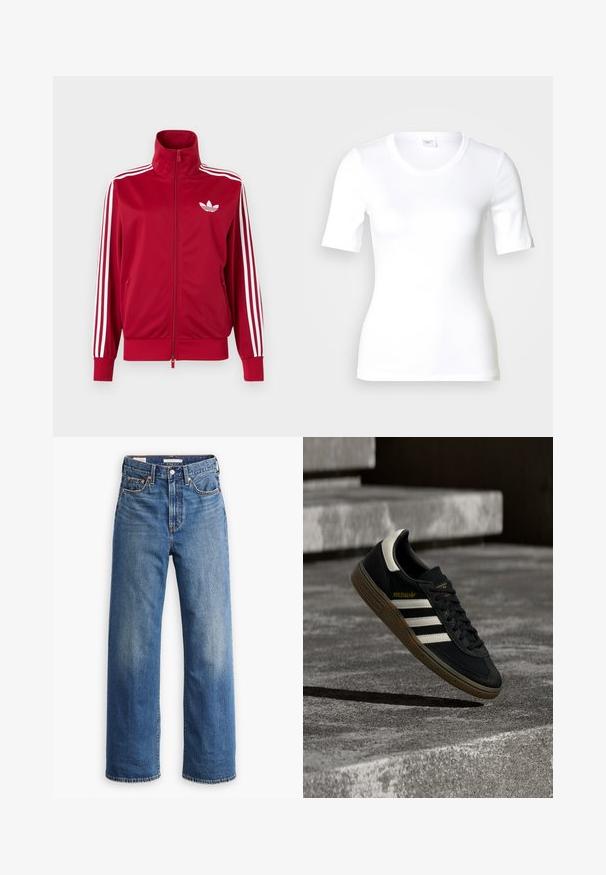 Chaqueta deportiva roja con detalles de tres franjas blancas en las mangas, cremallera completa en el frente, cuello alto y el logo de trébol de Adidas en blanco en el pecho.; Camiseta blanca de manga corta hecha de algodón liso, con escote redondo y forma ajustada. Diseño clásico, sin estampados ni adornos.; Vaqueros de mezclilla azul claro con cintura alta, diseño de pierna ancha, estilo clásico de cinco bolsillos y un sutil desgaste en la tela.; Zapatilla negra de Adidas con rayas blancas y suela de goma flotando sobre escalones de concreto gris a la luz natural.