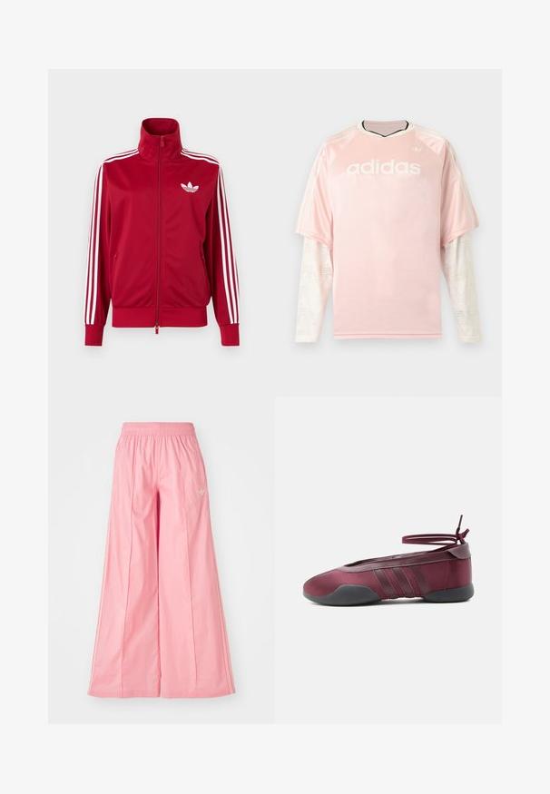 Rote Trainingsjacke mit weißen Drei-Streifen-Details an den Ärmeln, durchgehendem Frontreißverschluss, hohem Kragen und weißem Adidas-Trefoil-Logo auf der Brust.; Hellrosa Adidas Langarmshirt mit weißen, gemusterten Mesh-Ärmeln und Adidas-Logo auf der Brust vor grauem Hintergrund.; Rosa weit geschnittene Hosen aus einem leichten Stoff, mit einem elastischen Bund und dezenten weißen Seitenstreifen. Kleines Logo auf der Vorderseite.; Bordeauxrote Ballerina mit schwarzer Sohle, elastischen Knöchelriemen, die zu einer Schleife gebunden sind, und gesteppten Details an den Seiten, von der Außenseite gezeigt.