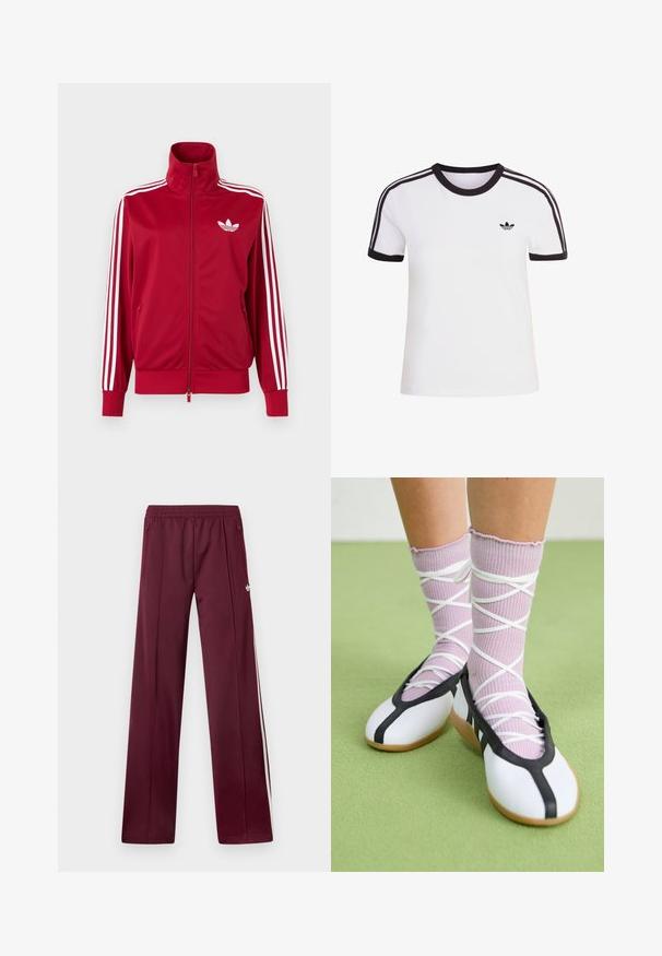 Punane jope valgete kolme triibuga varrukatel, täis ees lukk, kõrge krae ja valge Adidas trefoili logo rinnal.; Valge lühikeste varrukatega T-särk mustade detailidega, ümmarguse kaelusega ja kolme musta triibuga kummalgi õlal. Väike must logo rinnal.; Tumepunased spordipüksid elastse vöökohaga, külgedel lükandtaskud, valged küljestriibud ja väike valge Adidas logo paremal reiel.; Jalgu ribaga lillasid punutud sokid valgete ristikkäiste rihmadega ning valgete tantsujalatsitega musta äärtega rohelisel põrandal.