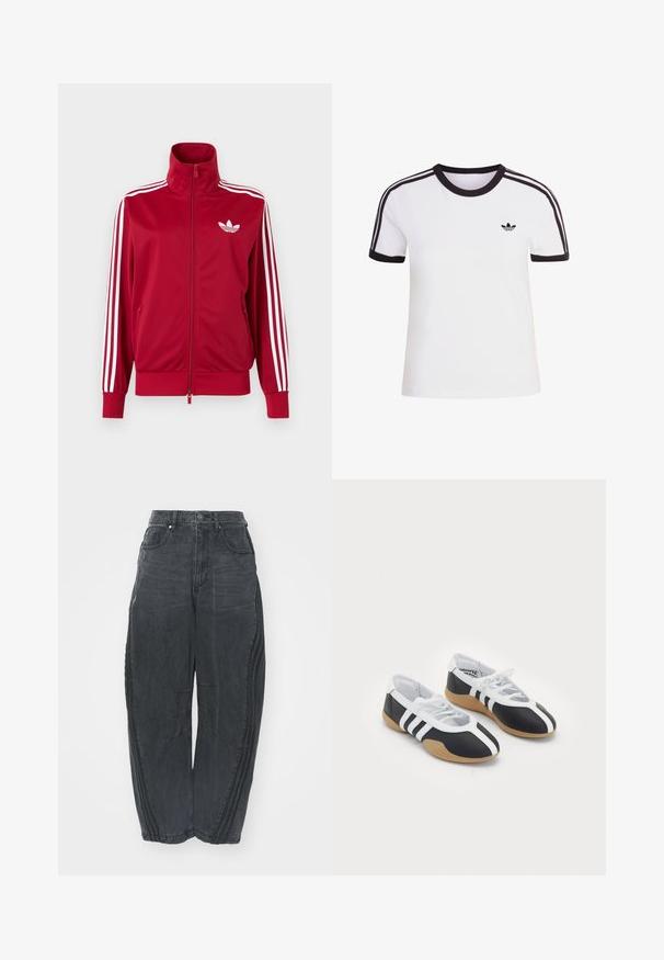 Červená tréningová bunda s bielymi tromi pruhmi na rukávoch, celoprepínací zips vpredu, vysoký golier a biele logo Adidas trefoil na hrudi.; Biele tričko s krátkym rukávom s čiernymi detailmi, s okrúhlym výstrihom a tromi čiernymi pruhmi na každom ramene. Malé čierne logo na hrudi.; Voľné čierne denimové džínsy so zosušeným povrchom, piatimi vreckami, zapínaním na gombík v páse a prešívaním na prednej strane a po stranách.; Čierne a biele športové topánky s elegantným dizajnom, gumovou podrážkou, šnurovaním a tromi bielymi prúžkami na bokoch.