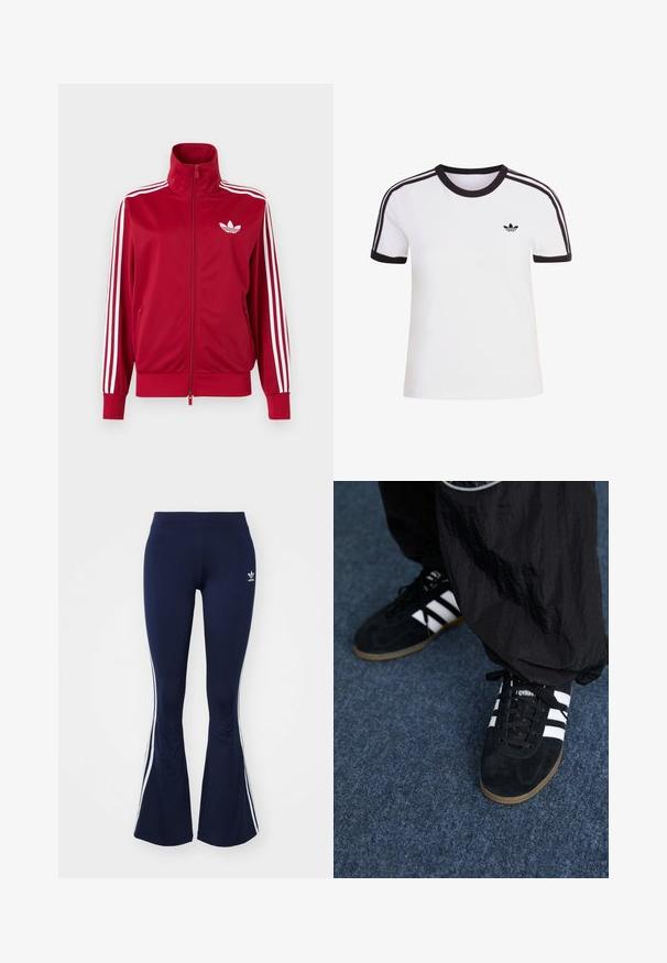 Červená tréningová bunda s bielymi tromi pruhmi na rukávoch, celoprepínací zips vpredu, vysoký golier a biele logo Adidas trefoil na hrudi.; Biele tričko s krátkym rukávom s čiernymi detailmi, s okrúhlym výstrihom a tromi čiernymi pruhmi na každom ramene. Malé čierne logo na hrudi.; Námornícke modré rozšírené legíny vyrobené z elastického materiálu, s bielymi bočnými pruhmi a malým logom vpredu. Hladká textúra po celom povrchu.; Čierne roháčiky z semišu so tromi bielymi pruhmi a čiernymi šnúrkami. Texturované čierne nohavice sú čiastočne viditeľné vedľa topánok.