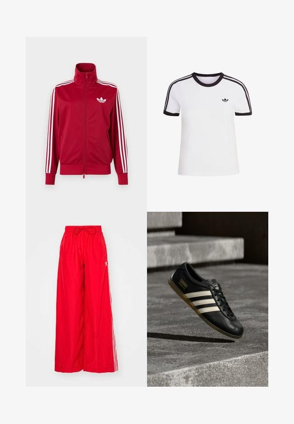 Rote Trainingsjacke mit weißen Drei-Streifen-Details an den Ärmeln, durchgehendem Frontreißverschluss, hohem Kragen und weißem Adidas-Trefoil-Logo auf der Brust.; Weißes kurzärmliges T-Shirt mit schwarzen Akzenten, mit rundem Ausschnitt und drei schwarzen Streifen auf jeder Schulter. Kleines schwarzes Logo auf der Brust.; Rote weit geschnittene Hose aus leichtem Stoff, mit weißen Seitenstreifen und einem elastischen Bund mit Kordelzug.; Schwarzer Leder-Sneaker mit weißem Drei-Streifen-Design, strukturierten Akzenten, schwarzen Schnürsenkeln und einer Gummisohle. Markenlogo auf der Zunge sichtbar.