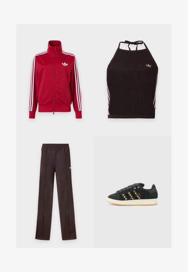 Červená tréningová bunda s bielymi tromi pruhmi na rukávoch, celoprepínací zips vpredu, vysoký golier a biele logo Adidas trefoil na hrudi.; Čierny sieťovaný crop top so štruktúrovaným dizajnom. Má ružové akcentové pruhy a malú logo na prednej strane. Zaviazanie na chrbte.; Tmavohnedé tepláky Adidas s elastickým pásom, bočnými vreckami so zipsom a malým bielym logom Trefoil na pravom stehne.; adidas Originals CAMPUS 00S W - Tenisky - core black/carbon/gold-coloured