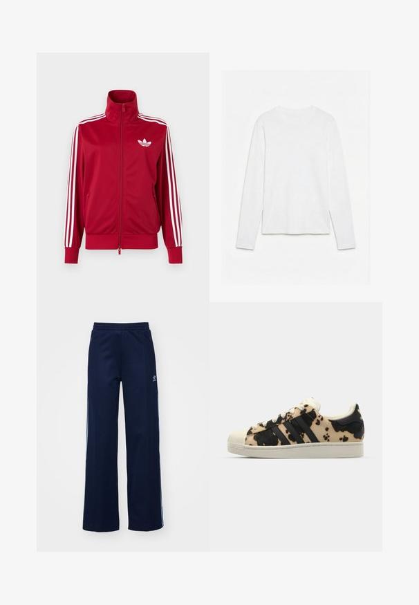 Punane jope valgete kolme triibuga varrukatel, täis ees lukk, kõrge krae ja valge Adidas trefoili logo rinnal.; Lihtne valge pika varrukaga ümara kaelusega särk, mis on laotatud valgele pinnale, nähtaval on esiosa ja varruka kogu pikkus.; Tumesinise puuvillaseguse kangaga dressipüksid laia säärekujundusega, elastse värvliga ja tõmblukkudega taskutega, millel on valged külg triibud ja logodetail.; Beige ja musta lehmavillakujutusega tennisekingad, millel on kolm musta triipu, valge kummist varvaste kaitse ja tekstureeritud tallad. Omab paelu ja brändimist.