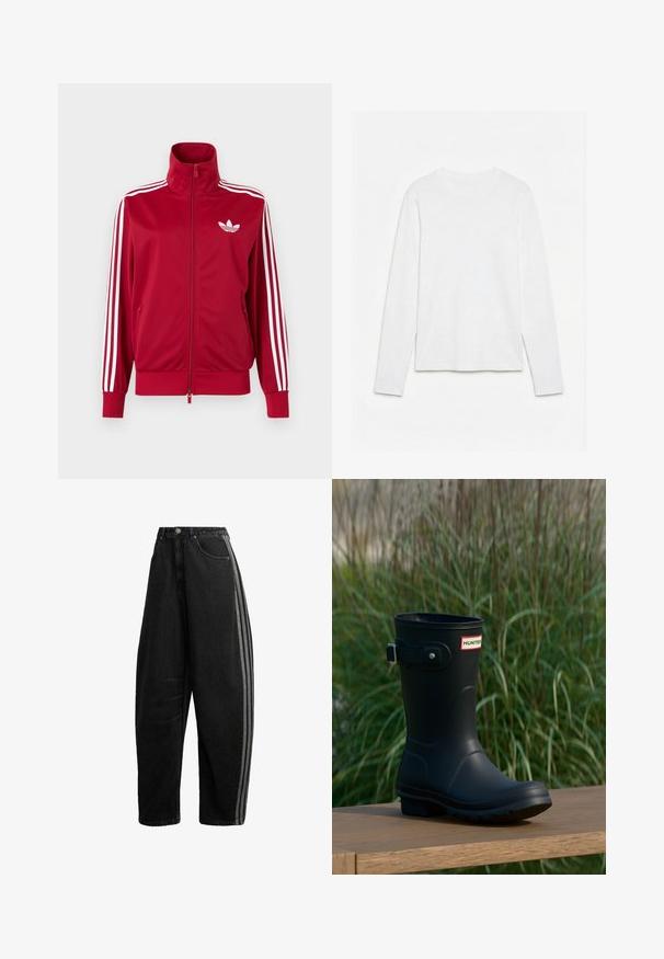 Veste de survêtement rouge avec trois bandes blanches sur les manches, fermeture éclair intégrale à l'avant, col montant et logo trefoil Adidas blanc sur la poitrine.; T-shirt blanc uni à manches longues et col rond, posé à plat sur une surface blanche, montrant l'avant et la longueur complète des manches.; Jean noir à jambes larges, taille haute, fermeture par bouton et zip, poches avant, et deux bandes grises courant le long des coutures latérales extérieures.; Botte de pluie en caoutchouc noir avec une finition brillante, dotée d'une boucle argentée et d'un écusson de logo. La semelle est texturée pour une meilleure adhérence.