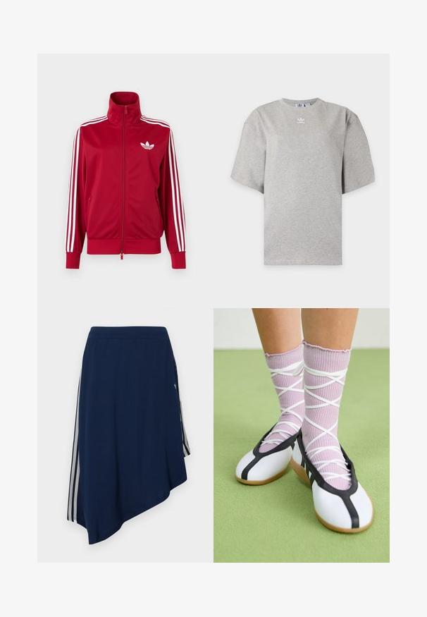 Rød træningstrøje med hvide tre-stribe detaljer på ærmerne, fuld lynlås foran, høj krave og hvidt Adidas trefoil-logo på brystet.; Lysegrå Adidas T-shirt med korte ærmer, rund hals og lille hvid Adidas-logo på brystet, vist på en ensfarvet baggrund.; Marineblå asymmetrisk nederdel med hvide lodrette striber på siderne og et struktureret stofmønster.; Ben iført ribbet lilla sokker med hvide krydsede stropper kombineret med hvide balletsko med sort kant på grøn gulv.