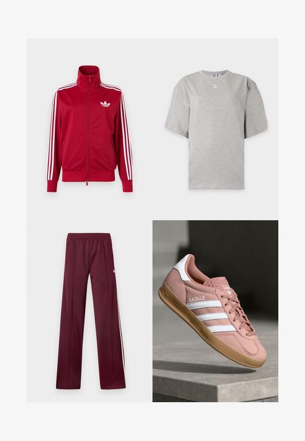 Rote Trainingsjacke mit weißen Drei-Streifen-Details an den Ärmeln, durchgehendem Frontreißverschluss, hohem Kragen und weißem Adidas-Trefoil-Logo auf der Brust.; Hellgraues Adidas T-Shirt mit kurzen Ärmeln, Rundhalsausschnitt und kleinem weißen Adidas-Logo auf der Brust, auf schlichtem Hintergrund dargestellt.; Bordeauxrote Trainingshose mit elastischem Bund, seitlichen Reißverschlusstaschen, weißen Seitenstreifen und kleinem weißem Adidas-Logo am rechten Oberschenkel.; Rosa Wildleder-Sneaker mit weißen Streifen, Gummisohle, strukturiertem Obermaterial und Logo auf der Zunge. Klassisches Low-Top-Design.