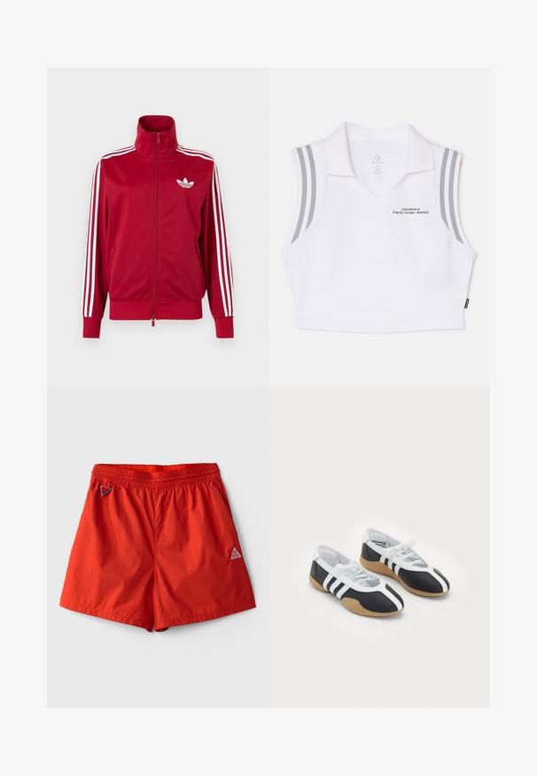 Punane jope valgete kolme triibuga varrukatel, täis ees lukk, kõrge krae ja valge Adidas trefoili logo rinnal.; Valge ilma varrukateta polo särk V-kaelusega, hallid aktsenttriibud õlgadel ning ees prinditud tekst "Feng Chen Wang".; Erkpunased spordipüksid elastse vöökohaga, küljetaskud, vasakul väike karabiinhaak ja paremal jalal ACG logo.; Mustvalged spordijalatsid, millel on sile disain, kummist tald, paeltest kinni tõmmatav sulgur ja kolm valget triipu külgedel.