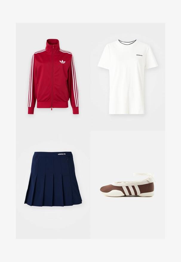 Červená tréningová bunda s bielymi tromi pruhmi na rukávoch, celoprepínací zips vpredu, vysoký golier a biele logo Adidas trefoil na hrudi.; Biela bavlnená tričko s krátkymi rukávmi a okrúhlym výstrihom. Obsahuje čierne logo Adidas na hrudi a kontrastný čierny vnútorný golier.; Námornícky skládací sukňa vyrobená z ľahkého materiálu; má elastický pás a malú zipsovú kapsu, s bielym logom Adidas vpredu.; Hnedá a biela baletná balerína s tromi bielymi pruhmi a mašľou na zviazanie okolo členku na jednoduchom svetlom pozadí.