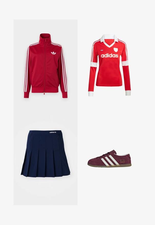 Punane jope valgete kolme triibuga varrukatel, täis ees lukk, kõrge krae ja valge Adidas trefoili logo rinnal.; Punane pikade varrukatega jalgpallipluus valge krae ja varrukateotstega. Omab kolme valget triipu õlgadel ja väljapaistvat "adidas" logo.; Tumesinine plisseeritud seelik, mis on valmistatud kergest kangast; sisaldab elastset vööd ja väikest lukuga taskut, ees on valge Adidas logo.; Tumesinine seemisnahast vabaajajalats valgete triibuliste detailide, ümarate ninaosade ja kummisest tallaga. Välimisel küljel on logomärgis.