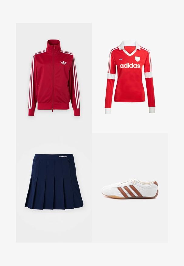 Rode trainingsjas met witte drie-streep details op de mouwen, volledige rits aan de voorkant, hoge kraag en wit Adidas trefoil-logo op de borst.; Rode lange mouwen voetbalshirt met een witte kraag en manchetten. Heeft drie witte strepen op de schouders en het "adidas" logo prominent weergegeven.; Marineblauwe plooienrok van lichtgewicht stof; heeft een elastische tailleband en een klein zipvak, met een wit Adidas-logo op de voorkant.; Witte lage sneaker met bruine leren strepen, veterluiting en een zool van gumrubber, gezien vanaf de binnenkant op een witte achtergrond.